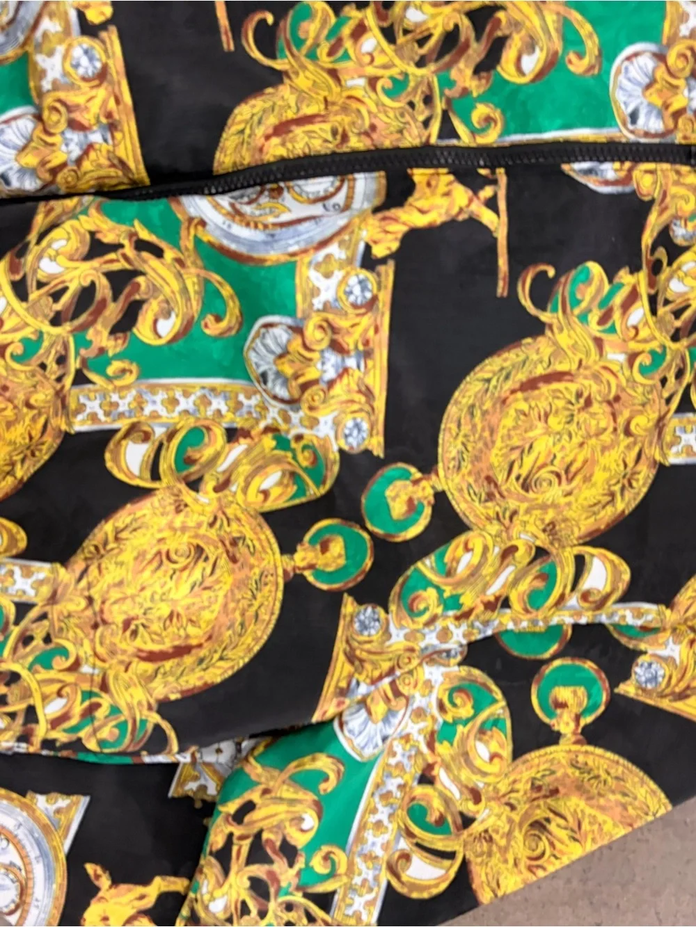 Vintage Black & Gold Baroque-Print Zip Jacket with Emerald Accents